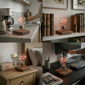Modern aesthetic floating heart lamp displayed on a bookshelf, minimalist tech-inspired room decor
