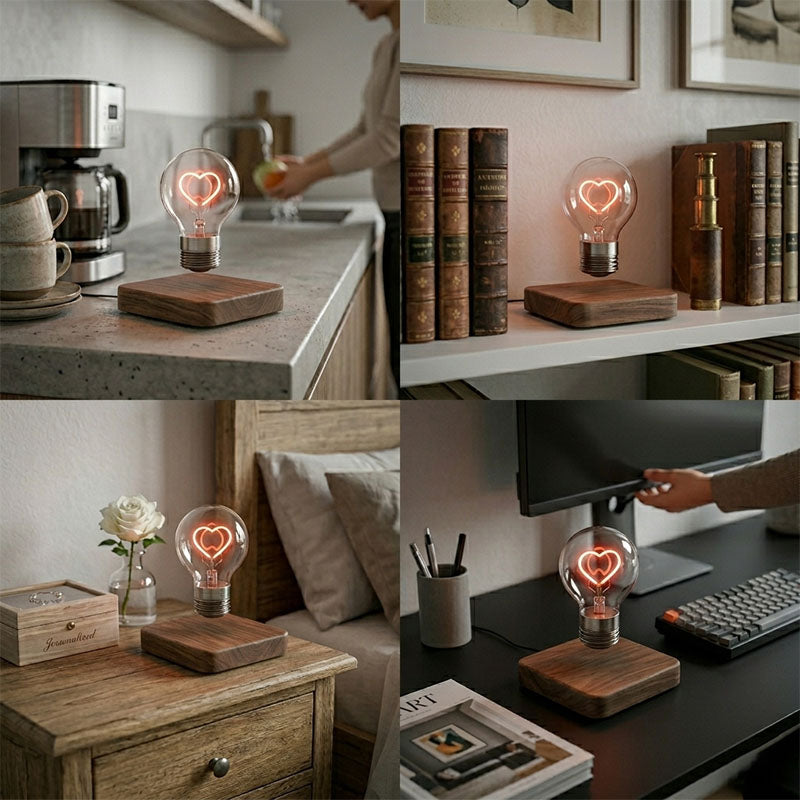 Modern aesthetic floating heart lamp displayed on a bookshelf, minimalist tech-inspired room decor