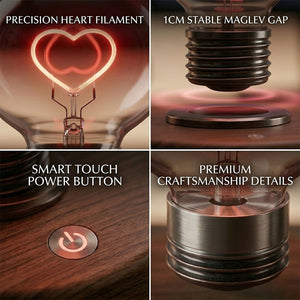Close-up of floating heart light mechanism, premium desktop art piece showing magnetic suspension technology