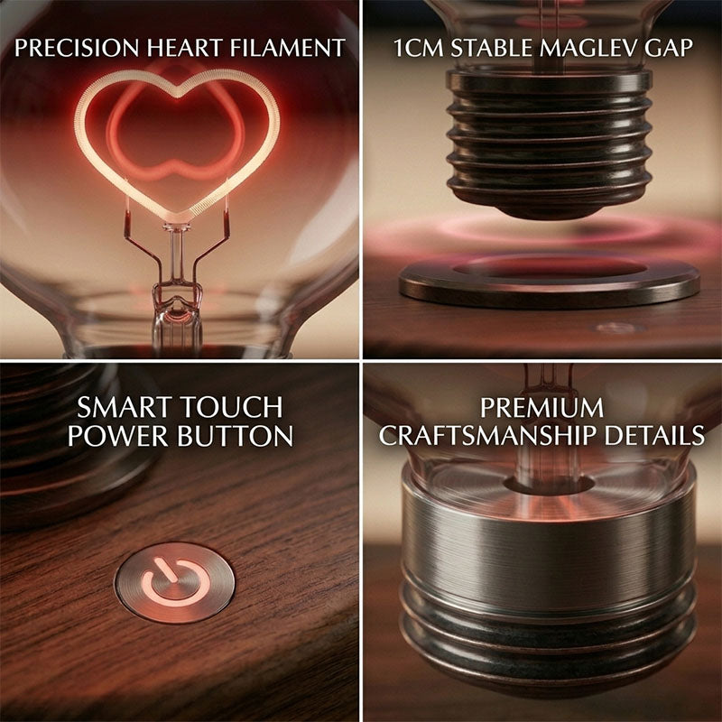 Close-up of floating heart light mechanism, premium desktop art piece showing magnetic suspension technology